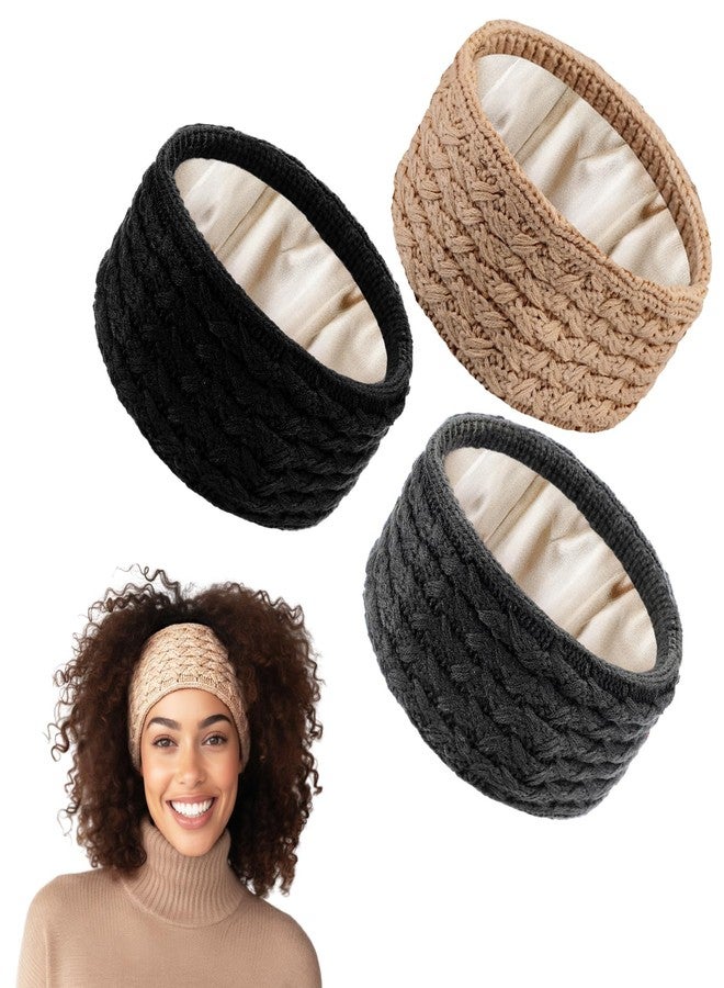 Funnysoft 3 Pack Satin Lined Winter Headbands for Women, Silk Lined Beanie Caps Ear Warmers for Natural Curly Ponytail Hair(Black, Gray, Khaki,Cable Knit) - Image 1